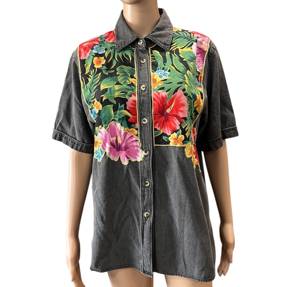 Black denim Grannycore hand appliqué short sleeve button down shirt-L/XL
